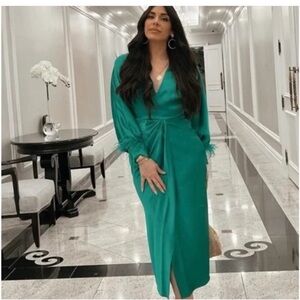 ZARA GREEN FEATHERED SATIN EFFECT MIDI DRESS